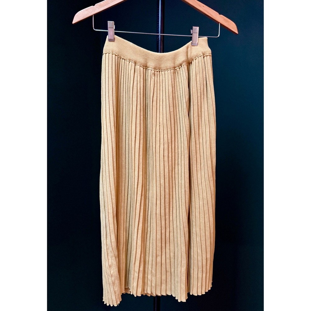 KAKA Ribbed Knit Accordion Pleated Midi‎ Skirt Mustard Yellow Women's M
